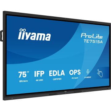 IIYAMA LFD 75 dalle VA anti-reflet 40pts 3840x2160 24/7 550cd/m² 6.5ms Tactile interactif HPs DisplayPort 2xHDMI USB-C 4xUSB OPS Slot paysage certifié EDLA "