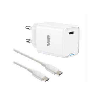 Bundle chargeur pour téléphone WE USB-C + câble USB-C/USB-C 1,2m - Chargeur 1 port USB-C 45W - PD/QC3.0 - Blanc