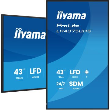 IIYAMA LFD 43 dalle IPS 24/7 4K 3840x2160 16:9 3xHDMI 2xUSB DP HPs RJ45 RS-232c 500cd/m² Paysage/port 8ms MediaPlayer Android OS LH4375UHS-B2AG