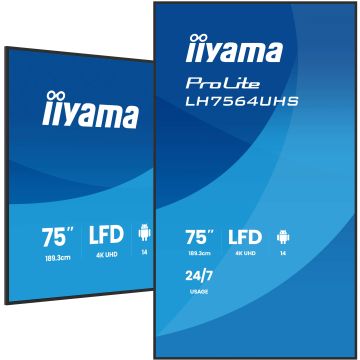 IIYAMA LFD 75 dalle VA 4K UHD 3840x2160 16:9 24/7 2xHDMI USB-C 2xUSB HPs 500cd/m² 6.5ms VESA 500x500 Paysage/portrait LH7564UHS-B1AG