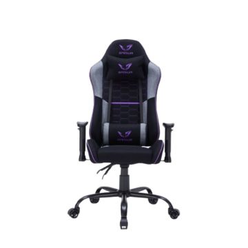 Fauteuil gaming GAMIUM Nyros, finition tissu nid d'abeille, accoudoirs réglables, 5 roues, vérin classe 3 100mm, coussins tête et lombaires - noir, gris, violet