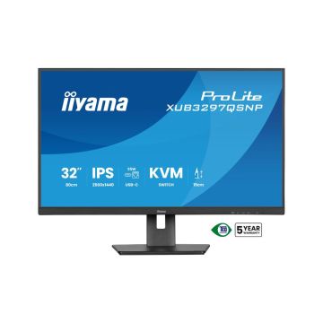 Ecran IIYAMA 32 Noir IPS 2560x1440 16:9 1ms 350 cd/m²  100Hz HDMI DP USB-C 4xUSB-HUB 2xHP 15cm pied régl haut commutateur KVM Docking USB-C intégrée TCO"