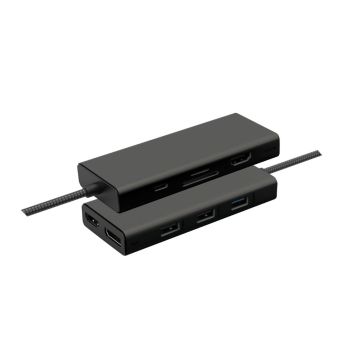 Station d'accueil Mobile USB‑C 9‑en‑1, affichage jusqu'à 3 écrans 4K via 1 DisplayPort + 2 HDMI. USB‑C PD 100W, 2xUSB‑A 2.0, USB-A 3.0, un lecteur SD et microSD