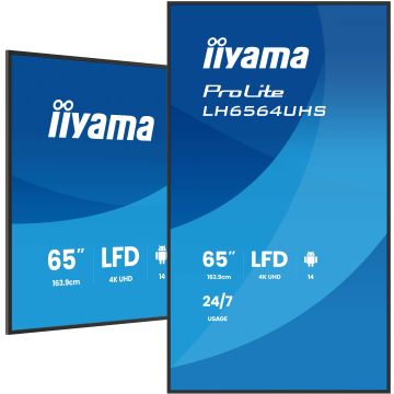 IIYAMA LFD 65" dalle VA 4K UHD 3840x2160 16:9 24/7 2xHDMI USB-C 2xUSB HPs 500cd/m² 6.5ms VESA 500x500 Paysage/portrait LH6564UHS-B1AG