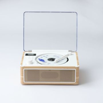 Lecteur CD HALTERREGO, radio FM, bluetooth, rechargeable, style rétro, bois clair