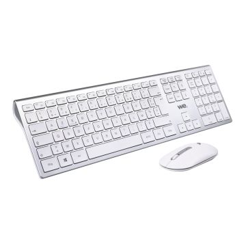 Bundle clavier souris WE sans fil connexion BT & 2.4Ghz aspect Alu, connexion jusqu'à 3 appareils, 12 touches multimedia, piles incluses - Blanc