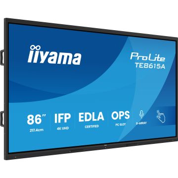 IIYAMA LFD 86 dalle IPS anti-reflet 40 pts 3840x2160 550cd/m² 8ms Tactile interactif 2xHPs DisplayPort 2xHDMI USB-C 4xUSB OPS Slot paysage certifié EDLA "