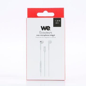 Ecouteurs filaire WE semi-intra avec connecteur USB-C , câble 1,20 m., boîtier de contrôle avec micro intégré pour les appels, blanc