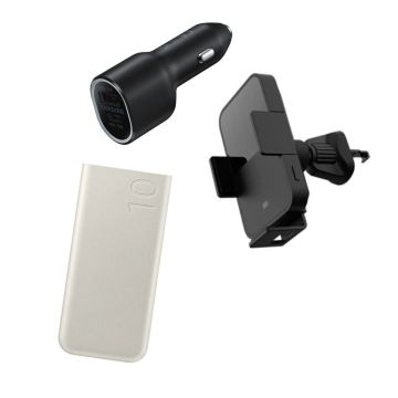 Bundle Chargeur Allume Cigare Ultra Rapide 40W DUO EP-L4020NBEGEU + Support Téléphone pour Voiture Induction 7,5W GP-PLU021SAABW + Batterie Externe 10 000 mAh