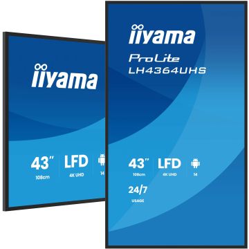 IIYAMA LFD 43 dalle VA 4K UHD 3840x2160 16:9 24/7 2xHDMI USB-C 2xUSB HPs 500cd/m² 6.5ms VESA 300x300 Paysage/portrait LH4364UHS-B1AG