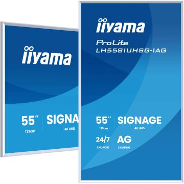 IIYAMA LFD 55" Blanc dalle VA 24/7 3840x2160 2xHDMI 2xUSB USB-C HPs 500cd/m² Paysage/port 6.5ms MediaPlayer Support mural inclus LH5581UHSG-1AG 