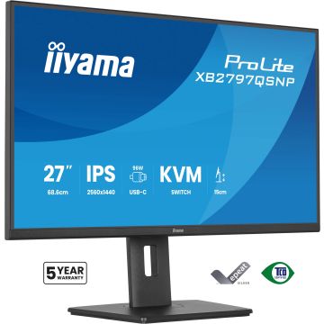 Ecran IIYAMA 27 Noir Ultra mince IPS 16:9 2560x1440 350cd/m² 1ms HDMI DP USB-C Dock USB-C 4xUSB HPs commutateur KVM 15cm pied réglab haut +Pivot TCO"