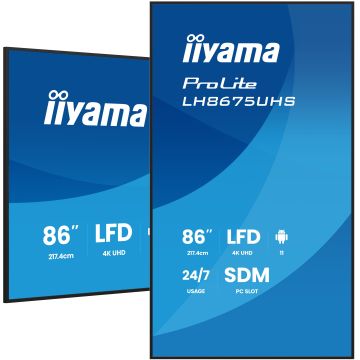 IIYAMA LFD 86" dalle IPS 24/7 3840x2160 16:9 60Hz 3xHDMI DisplayPort 2xUSB2.0 500cd/m² Haut-parleurs 2x10W Paysage/port 8ms Media Player VESA 600x400