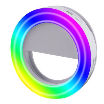 Anneau lumineux portable, diamètre de l'anneau 8.5cm, 16 LEDs, lumière blanche et RGB, batterie rechargeable de 150mAh intégrée, fixation en pince