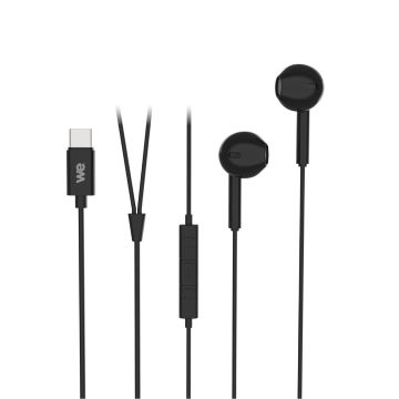 Ecouteurs filaire WE semi-intra avec connecteur USB-C , câble 1,20 m., boîtier de contrôle avec micro intégré pour les appels, noir