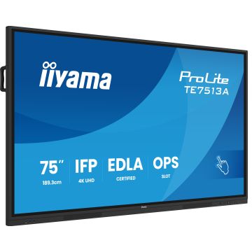 IIYAMA LFD 75" dalle IPS anti-reflet 40 pts 3840x2160 500cd/m² 8ms Tactile interactif HPs DisplayPort 2xHDMI 2xUSB-C 5xUSB OPS Slot paysage certifié EDLA 