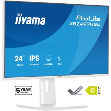 Ecran IIYAMA 24'' Ultra mince Blanc IPS 1920x1080 16:9 120Hz 4ms 350cd/m² HDMI DP USB-HUB (2x 3.2 + 2xC) HPs 2 x 2W 15cm pied réglable + Pivot TCO XB2497HSU-W1