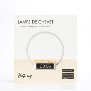 Lampe de chevet avec chargeur induction certifié Qi à 10W, fonction réveil, lumiosité réglable, affichage l'heure