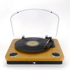 Platine vinyle Halterrego avec HP intégrés/Couvercle, RMS 2*2W,RCA OUT, Lec et Eng USB, BT IN/OUT, adaptateur inclus , finition laquée noire/asp bois
