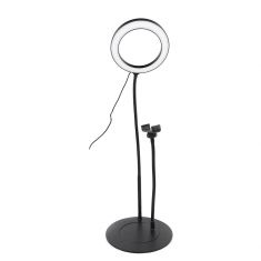Anneau lumineux D.20 cm avec support téléphone universel sur pied métal séparable. 3 modes couleurs et 10 modes de luminosité. Connexion via port USB. Noir     