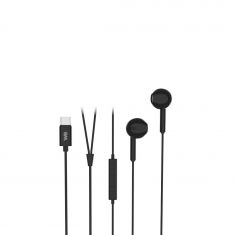 Ecouteurs de la marque WE avec connecteur USB-C de couleur Noir Câble 1,20 m. Bouton multifonction et microphone intégré pour appels