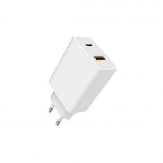 Chargeur secteur WE 1 Port USB-A et 1 Port USB-C : Total 27W, Power Delivery, format mini, coloris blanc