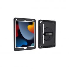 ***WE Etui antichocs pour iPad 10.2 (7/8/9th generation) avec poignée rotative, porte-stylet, protection écran, fonction support, bandoulière - Noir"