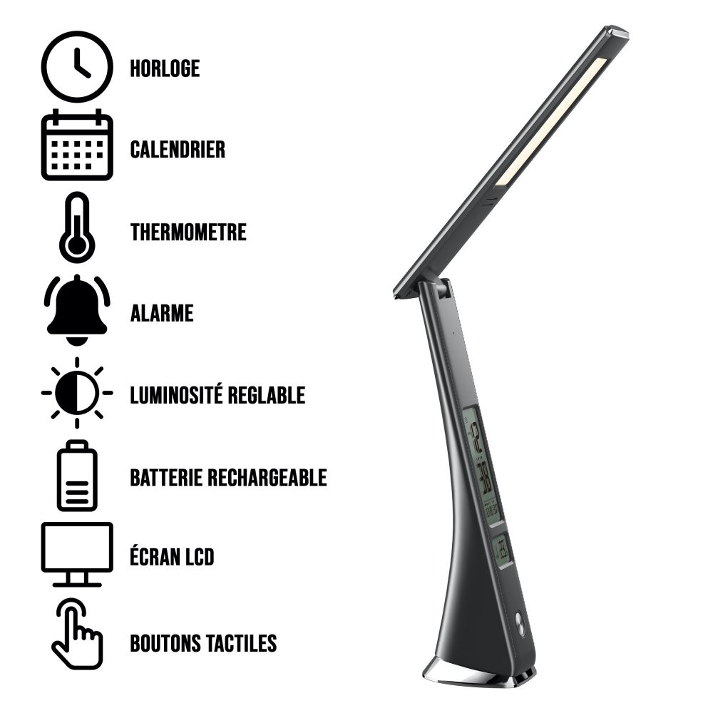 Lampe De Bureau Led Avec Thermomètre Heure Et Date Lampe de bureau LED rechargeable WE Réveil avec fonction SNOOZE lumiosité  réglable, bras pliable BLANCHE